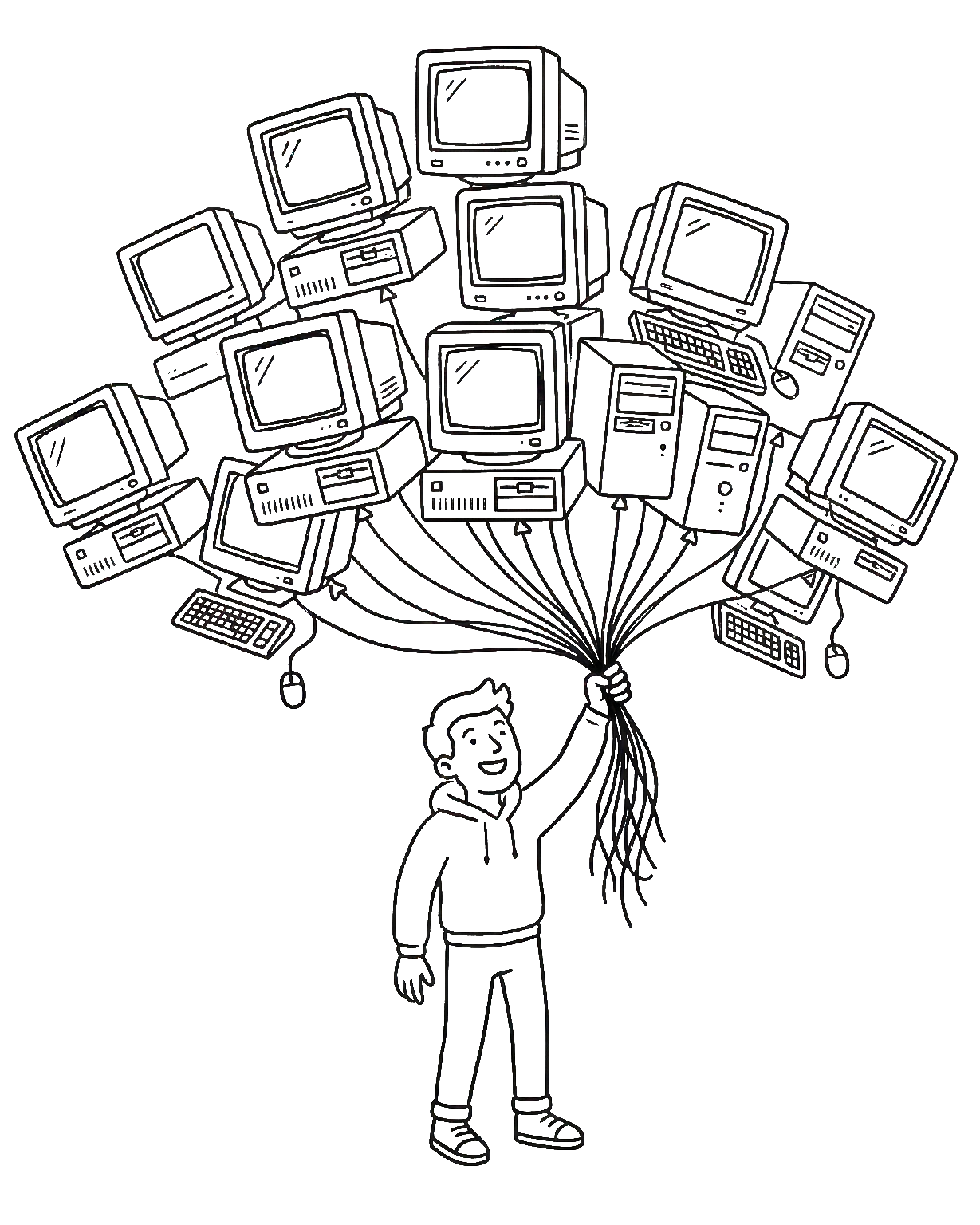 A person holding a bouquet of computers like balloons